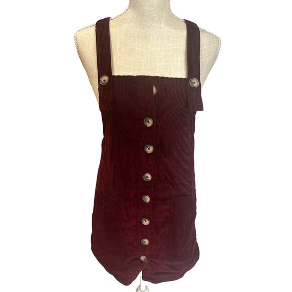 Derek Heart Burgundy Corduroy Button-Front Pinafore Dress Jumper Size S - Picture 1 of 8